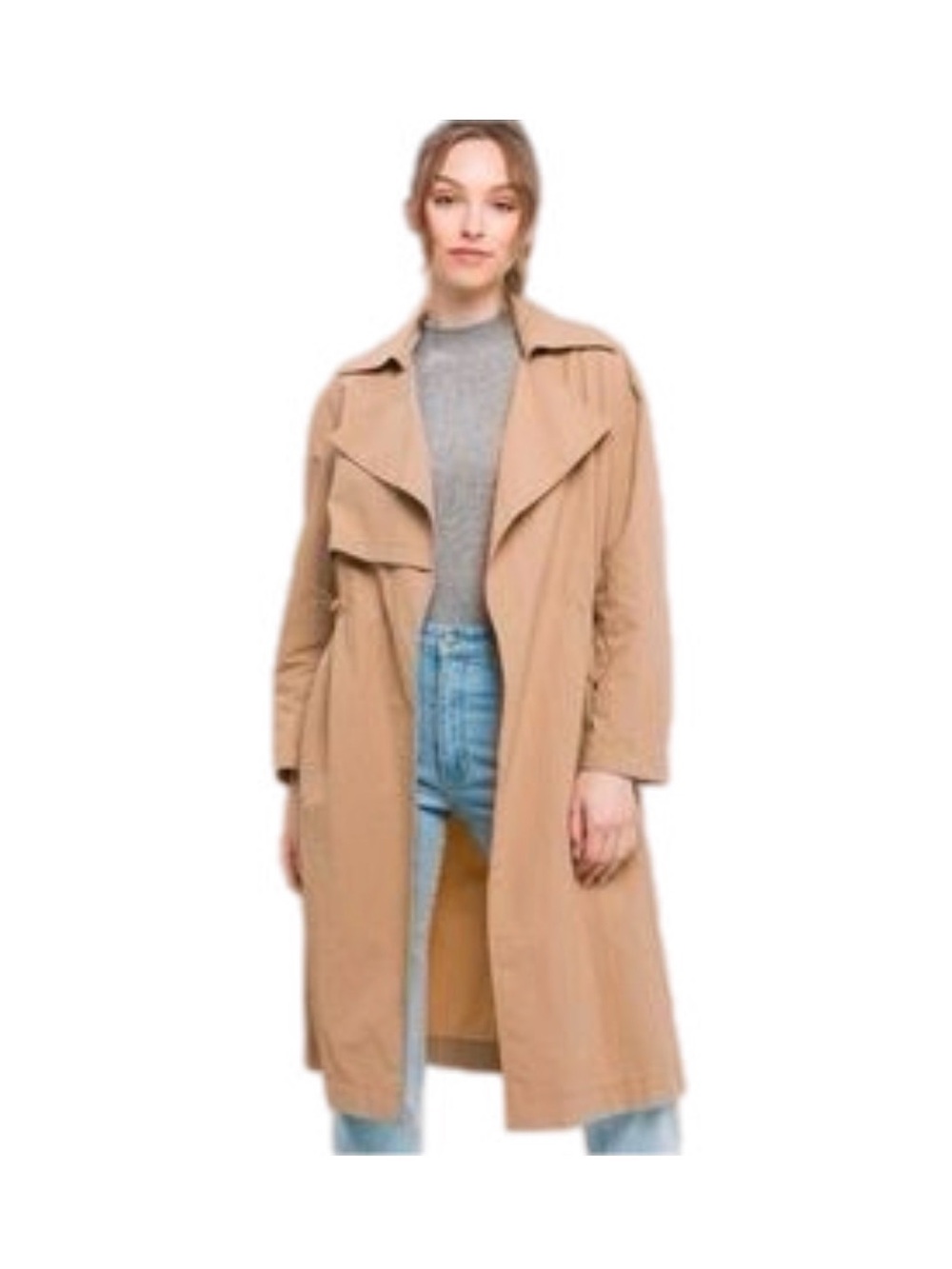 M Love Tree Women’s Tan Neutral Draped Trench Coat Jacket Outerwear Autumn Fall